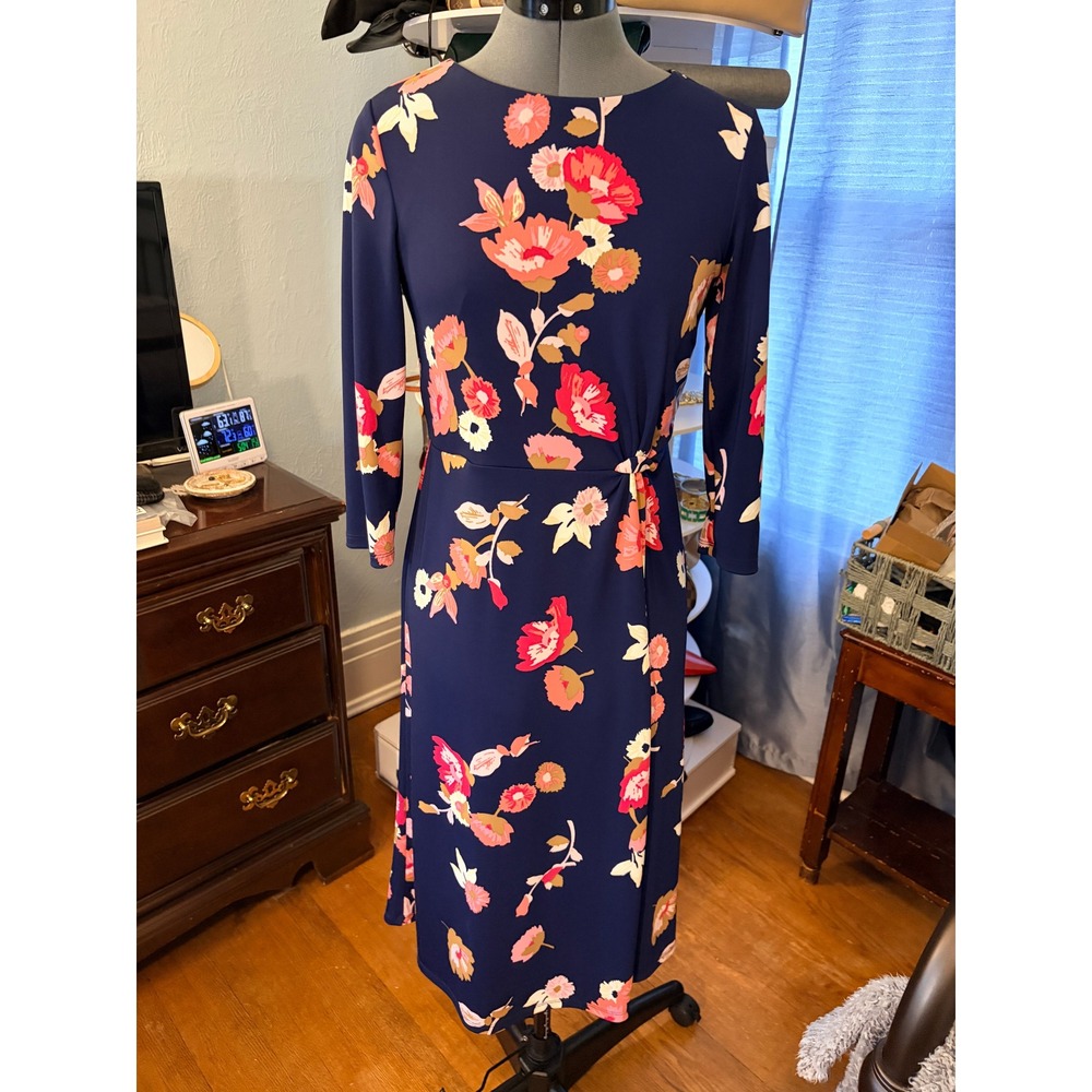 Talbots Sheath Dress 4P Petite Navy Blue Floral Side Knot 3/4 Sleeve Classic